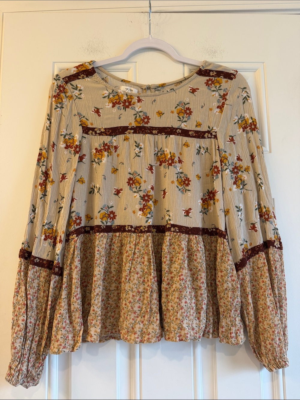 Maurices Cream Floral Peasant Top with Rust and Mustard Accents XS